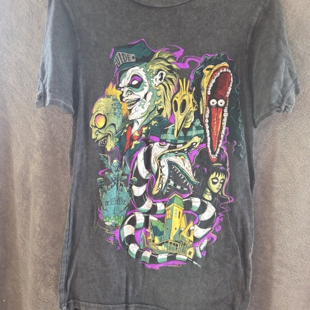Black Short-Sleeve Graphic Tee with Neon Horror Collage
